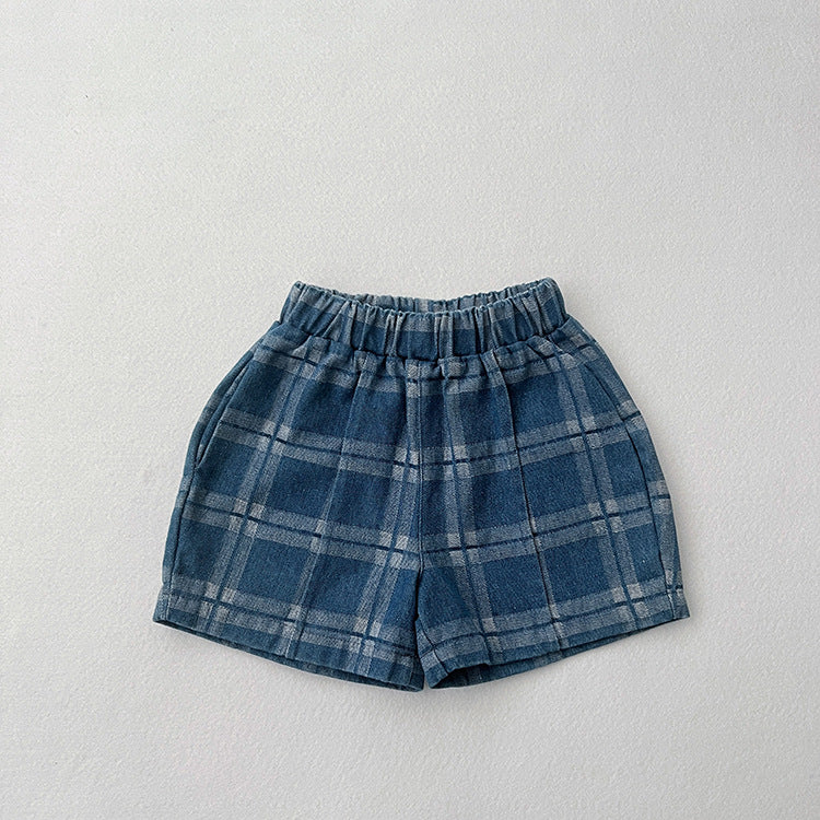 Baby Denim Blue Plaid Pattern Loose Shorts