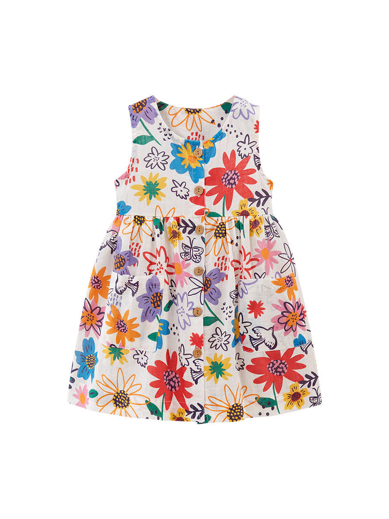 Summer Girls Sleeveless Colorful Floral Pattern Dress