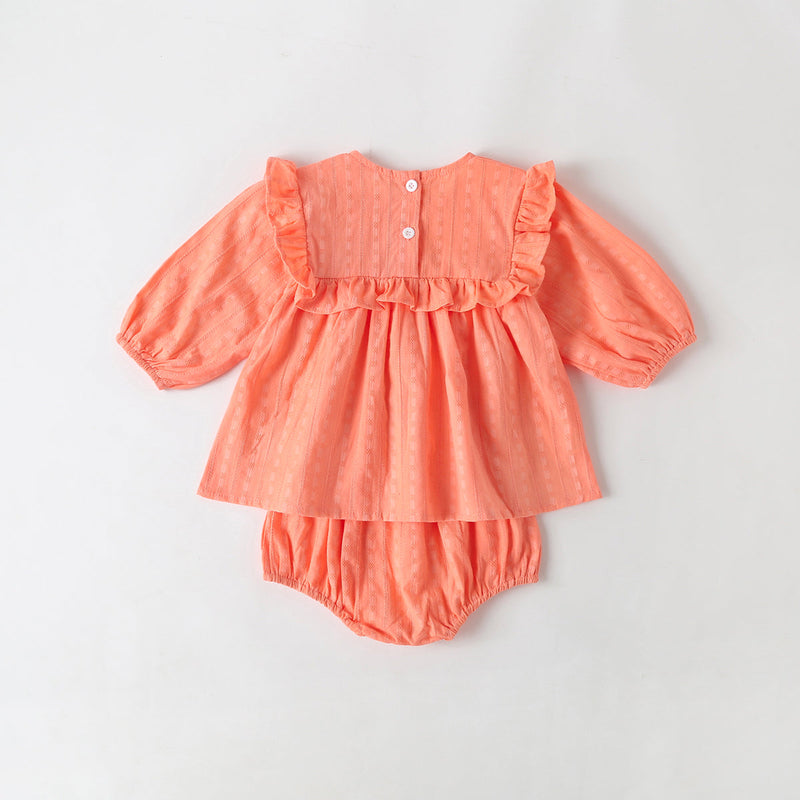 Baby Girl Solid Color Frill Trim Design Long-Sleeve Tops Combo Triangle Shorts Sets