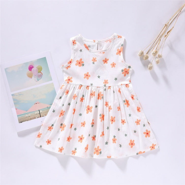 Baby Girls Floral Print Sleeveless Round Collar Dress In Summer