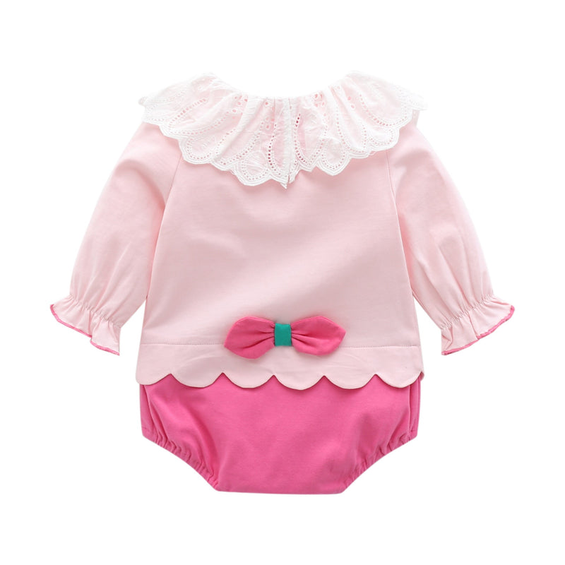 Baby Girl 1pcs Strawberry Pattern Mesh Ruffle Neck Patchwork Onesies Bodysuit