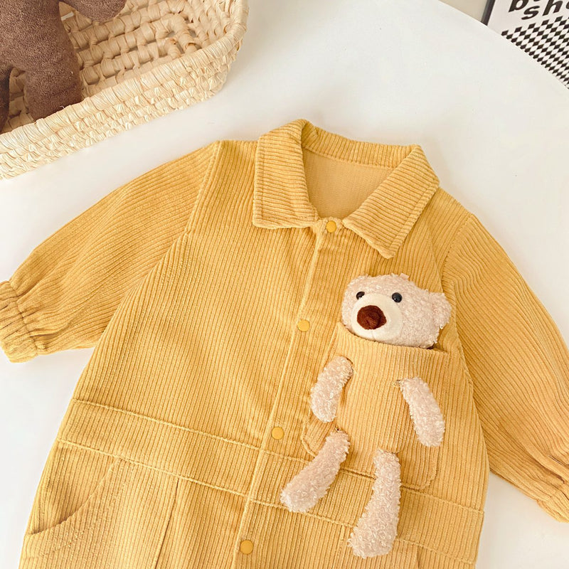 Baby 3D Cartoon Bear Patched Design Corduroy Fabric Button Front Romper