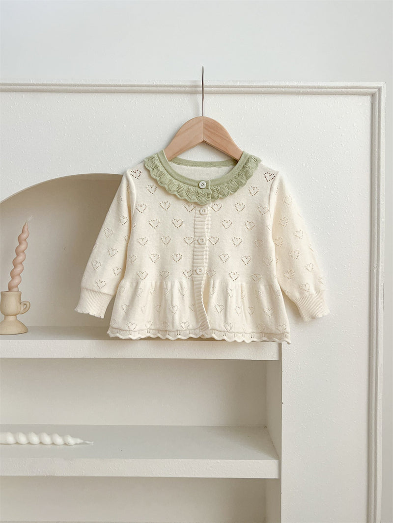 Autumn New Arrival Baby Kids Girls Comfortable Hollow-out Design Knitted Long Sleeves Top with Heart Pattern and Collar