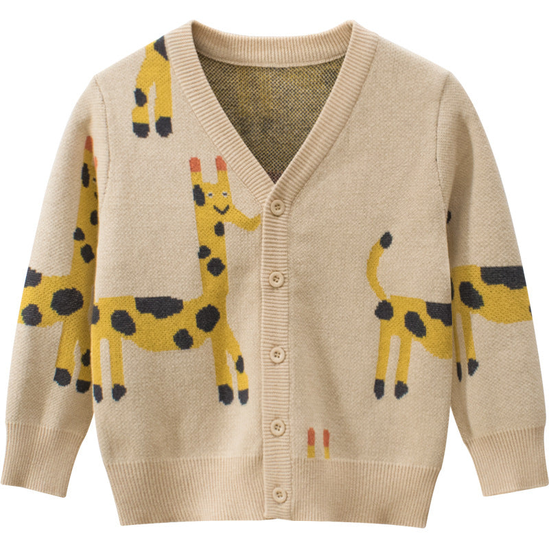 Baby Cartoon Deer Pattern Single Breasted Design V-Neck Cardigan