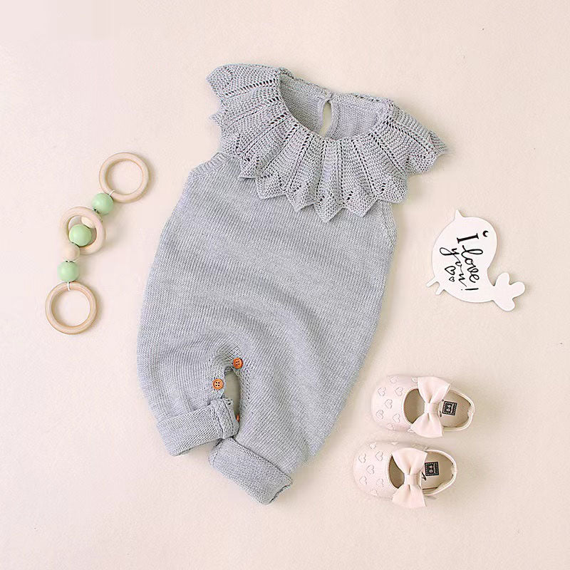 Baby Girl 1pcs Ruffle Neck Solid Color Sleeveless Crotch Design Knitted Rompers