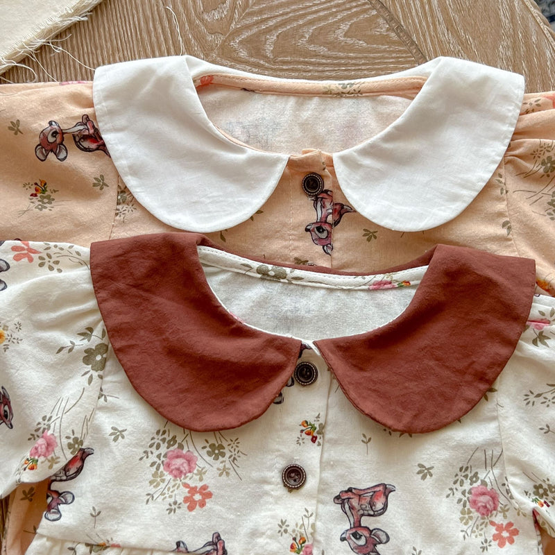 Baby Girl Flower & Deer Pattern Doll Neck Cotton Bodysuit