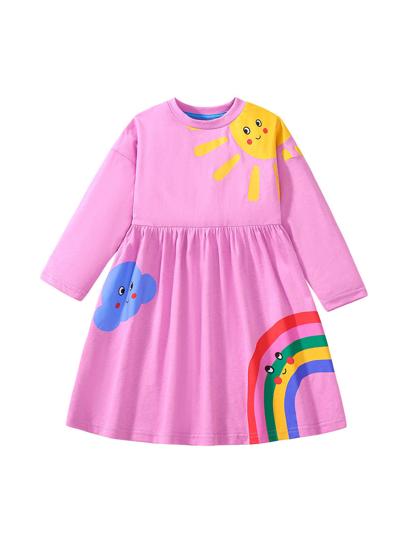 Arrival Autumn Girls Long Sleeves Cartoon Rainbow And Sunshine Pattern Crew Neck Dress