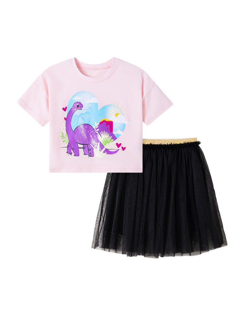 Summer Baby Girls Dinosaur Cartoon Pattern T-shirt and Mesh Skirt Clothing Set