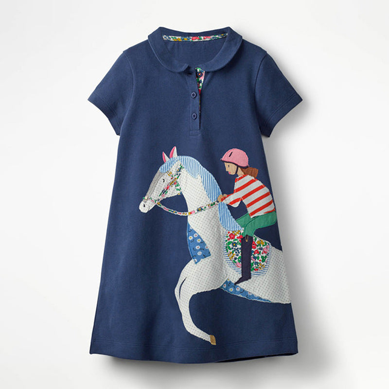 Summer New Arrival Girls Short Sleeves Horse Racing Cartoon Turn-Down Collar Dress