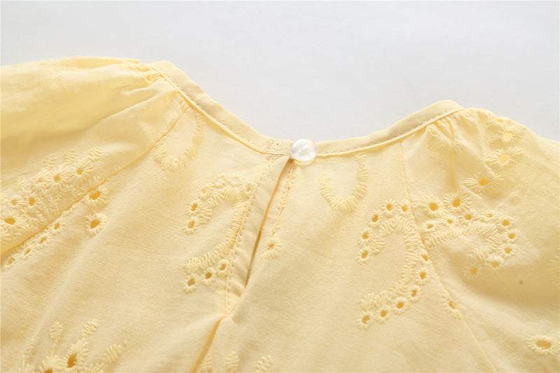 Baby Solid Yellow Hollow Carved Design Long Sleeves Bow Dress & Hat