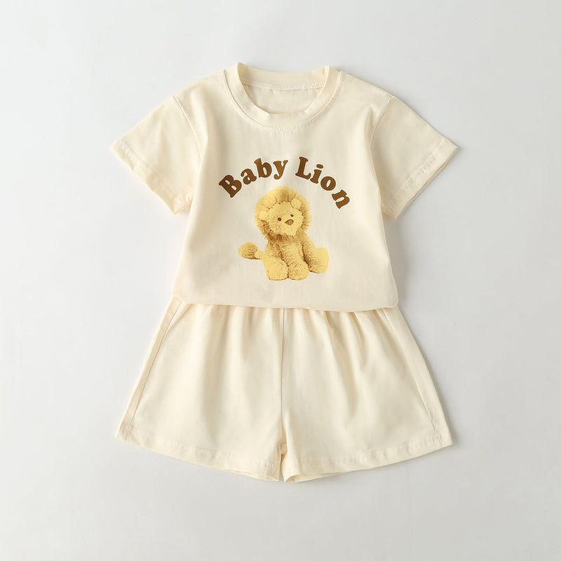 Baby Cartoon Animal & Slogan Pattern Short Sleeved Tee Combo Solid Shorts Sets