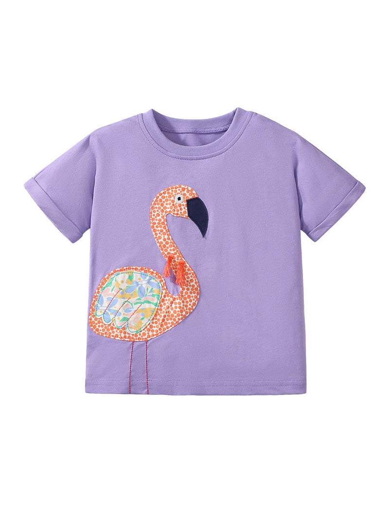 Girls’ Flamingo Cartoon Pattern Short Sleeves T-Shirt In European And American Style For Summer