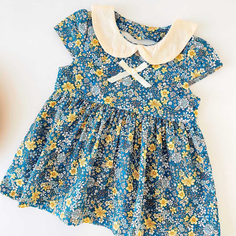 Baby Girls Floral Print Backless Design Doll-Neck Dress With Bow Decoration