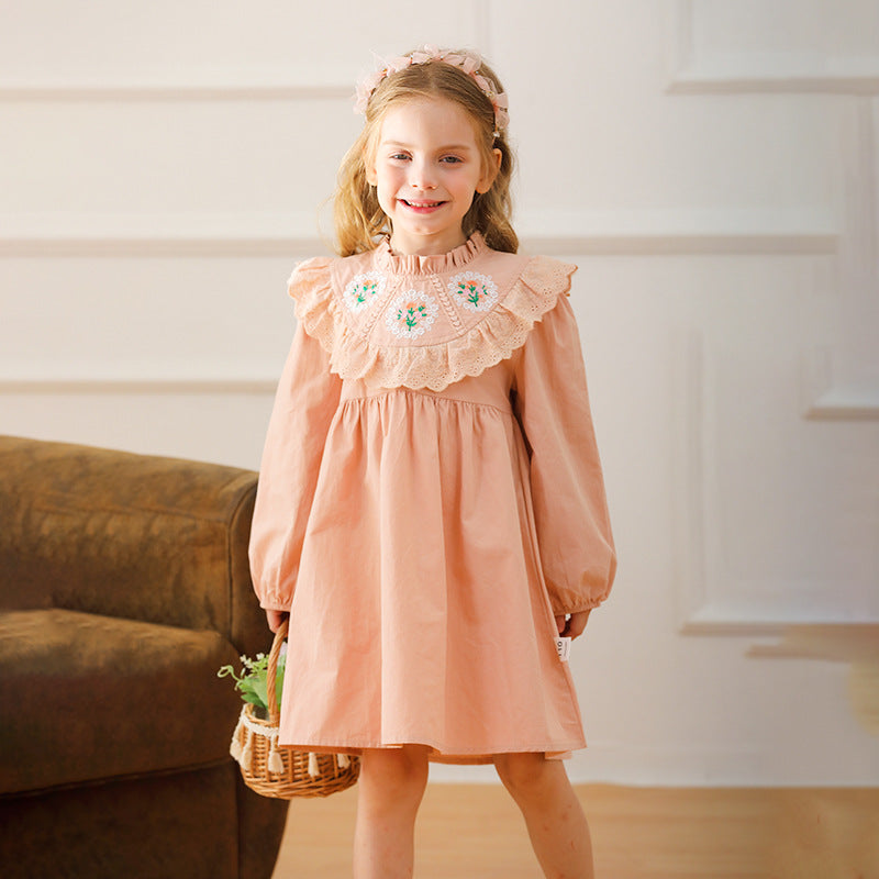 Design Autumn Girls Flower Embroidery Ruffle Neck Long Sleeves French Style Dress