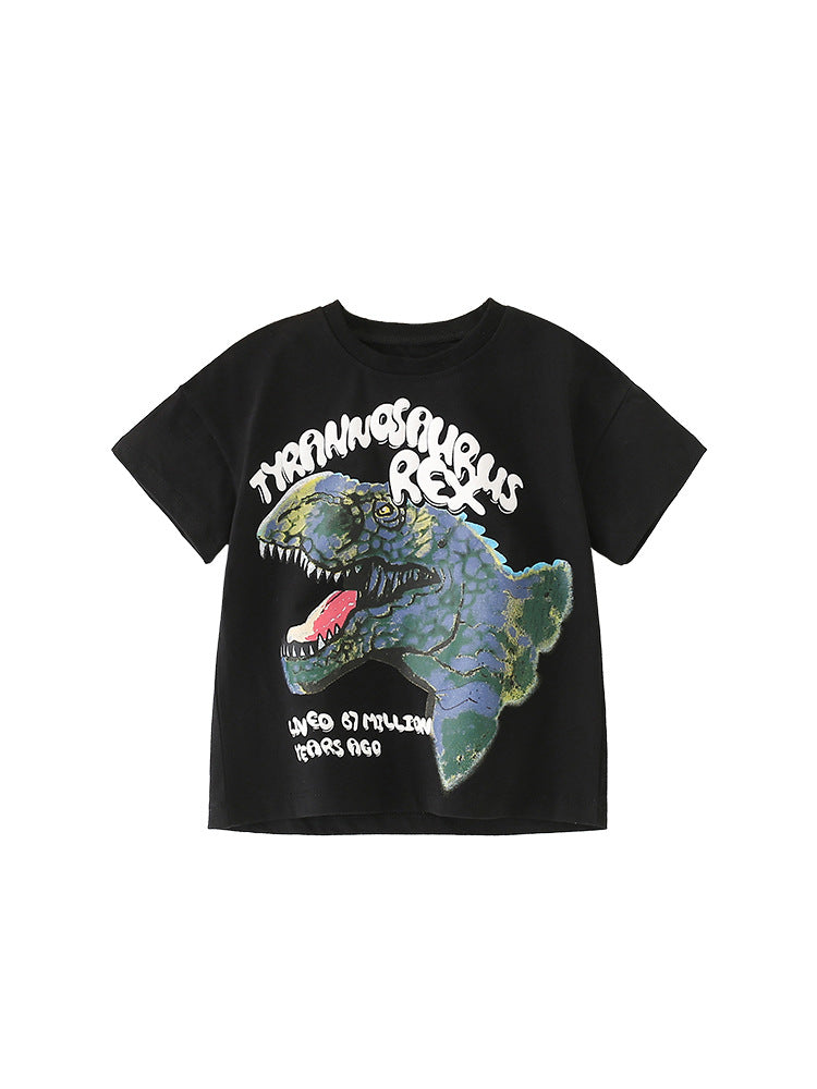 Summer Boys’ Fierce Cartoon Dinosaur Print Short Sleeves T-Shirt In European And American Style For Summer