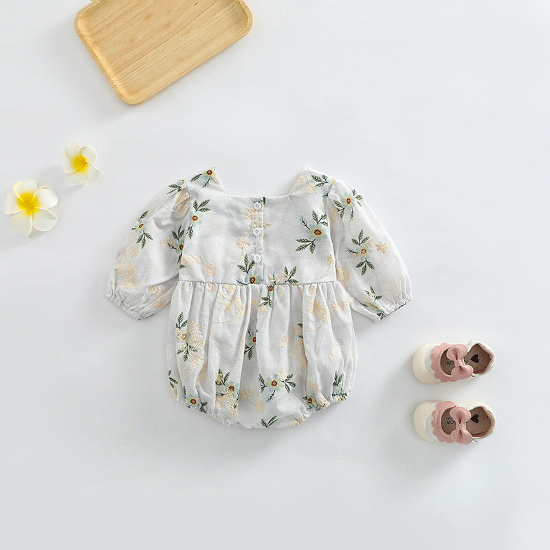 Baby Girl Floral Embroidered Pattern Square Collar Bodysuit