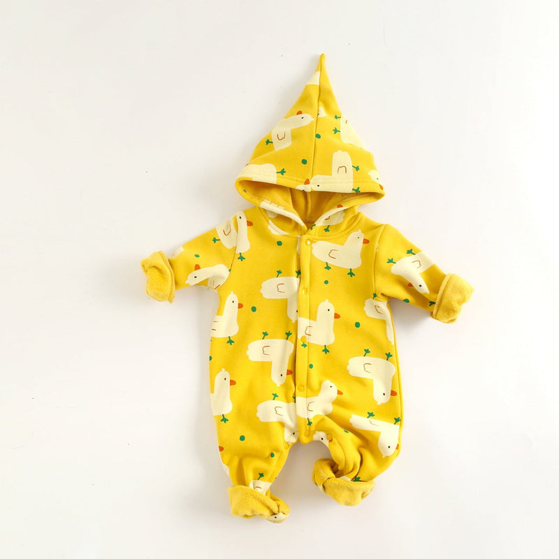 Baby 1pcs Cartoon Duck Print Button Front Rompers & Onesies With Triangle Hats