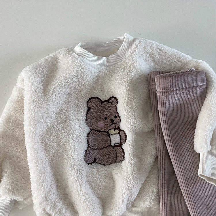 Baby Bear Embroidered Pattern Plush Hoodies Combo Pants  Pieces Sets