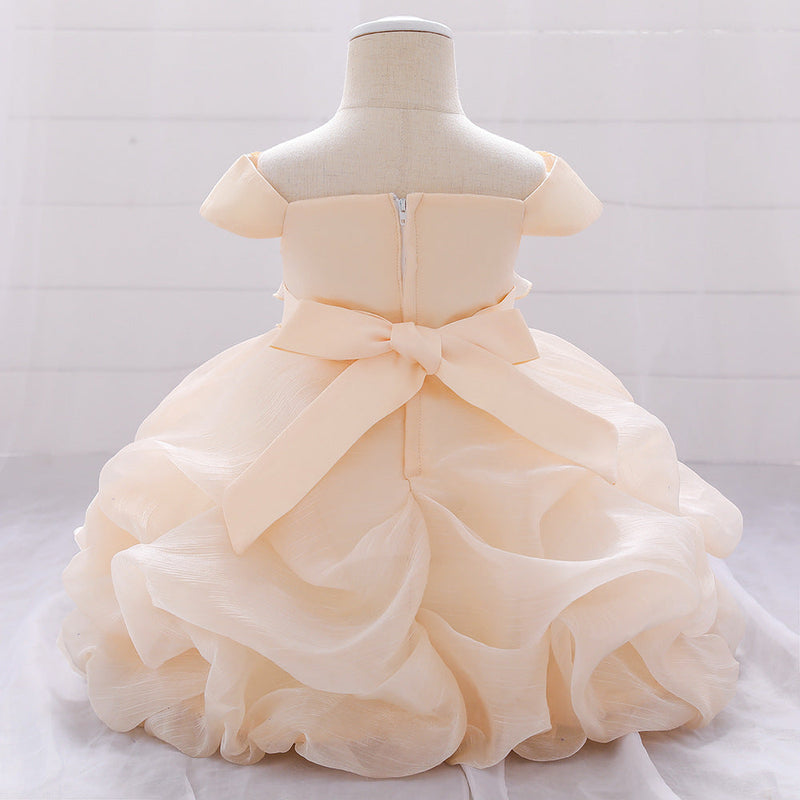 Baby Girl Solid Color One Shoulder Design Tutu Formal Dress Baptism Birthday Dress