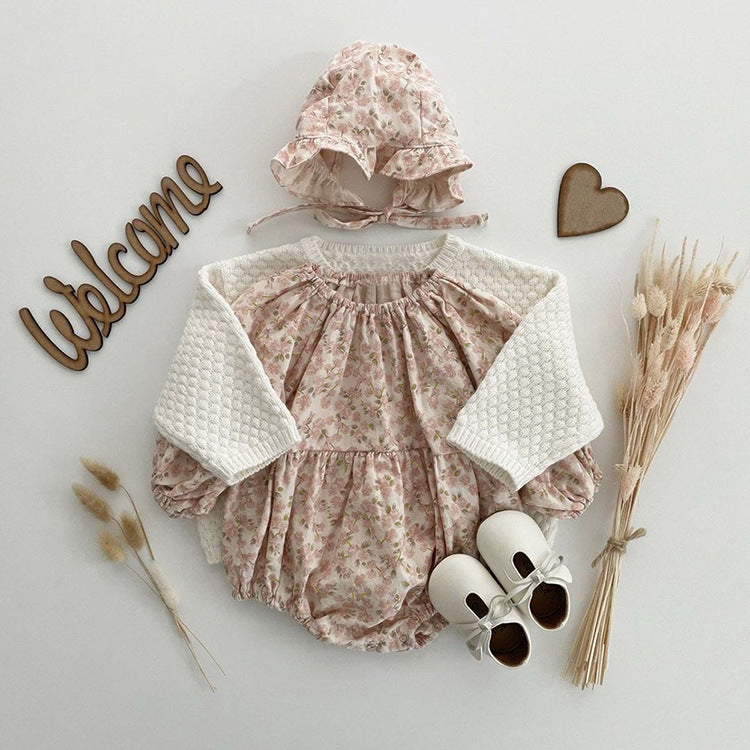 Baby Ditsy Flower Graphic Long Sleeves Flesh Style Cotton Bodysuit With Hat