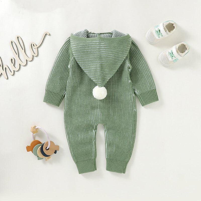 Baby Solid Color Zipper Front Design Hooded Knitted Romper