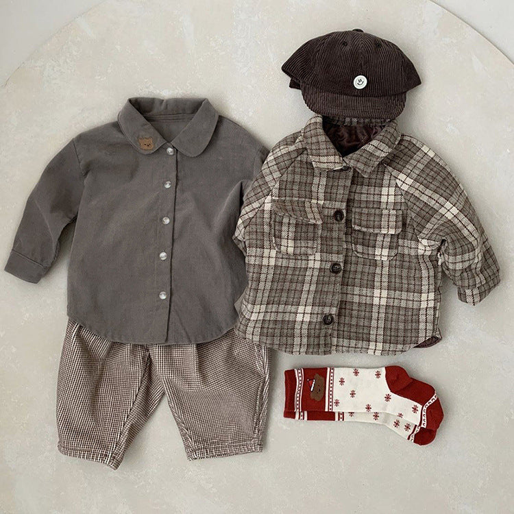 Baby Boy Solid Color Bear Patched Pattern Single Breasted Design Lapel Long Sleeves Shirt