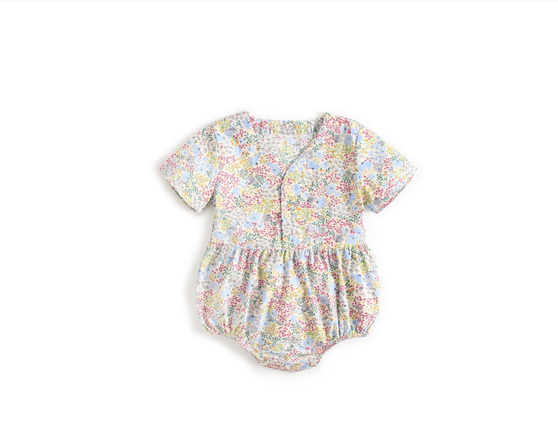 Baby Girls Floral Print V-Neck Buttoned Design Short-Sleeved Onesies