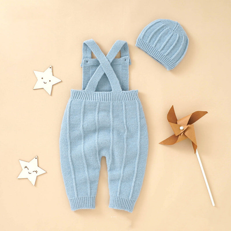 Baby Solid Color Knitted Sling Romper With Hat Sets