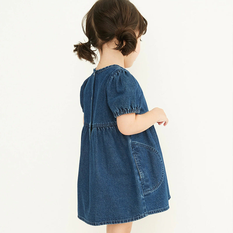 Baby Girl Solid Color Puff Sleeve Loose Denim Dress