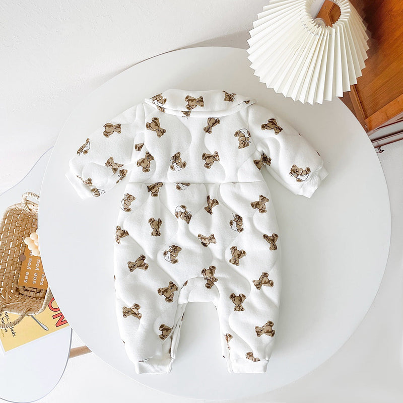 Baby Cartoon Bear Print Pattern Thickened Quilted Winter Rompers