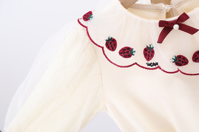 Baby Girl Strawberries Embroidered Graphic Doll Neck Puff Sleeves Bow Patched Shirt