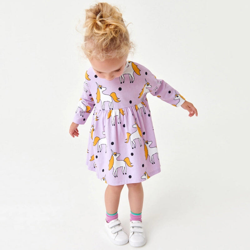 Baby Girl Unicorn Pattern Long Sleeves New Style Dress In Autumn Wearing Outfits