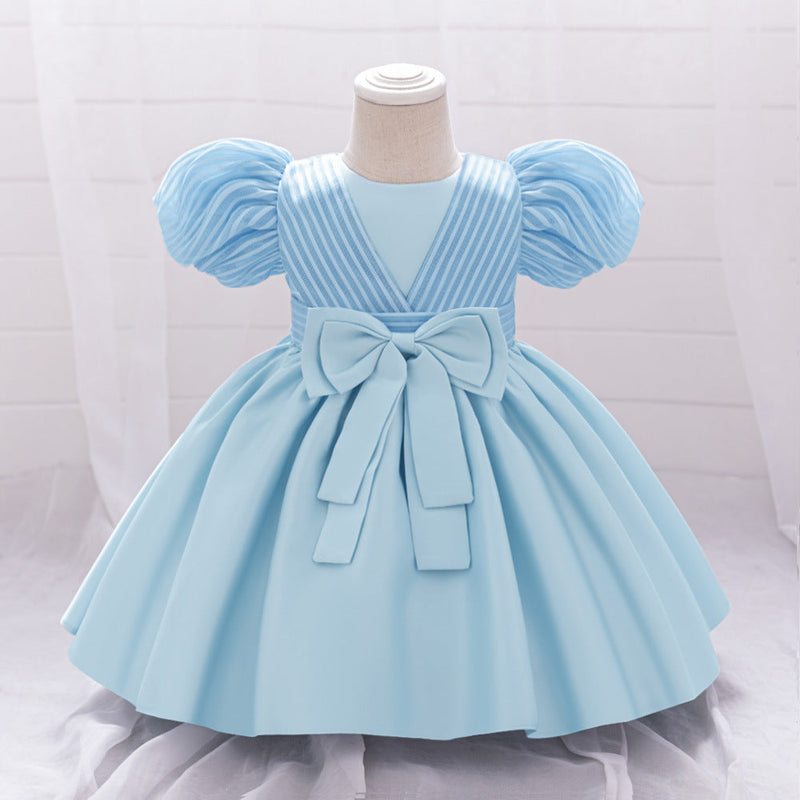 New Design Summer Baby Kids Girls Short Sleeves Striped Pattern Bow Tied Dress