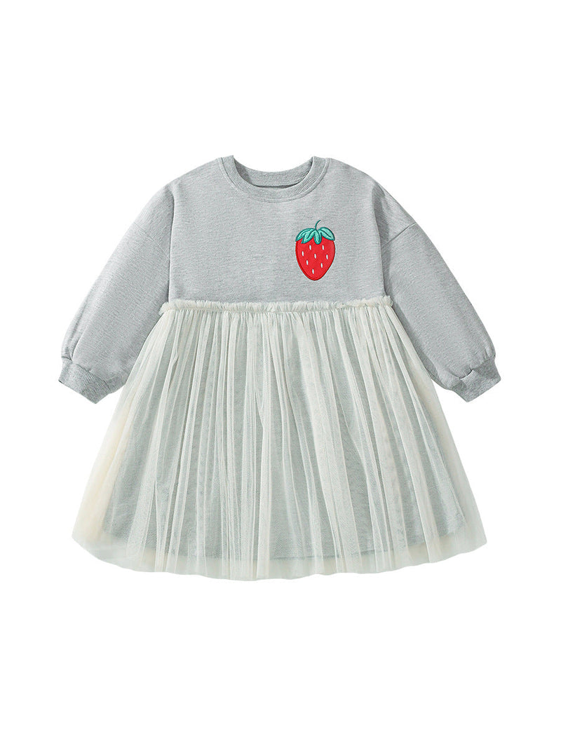 New Arrival Autumn Girls Long Sleeves Strawberry Logo Pattern Crew Neck Long Sleeves Tulle Dress