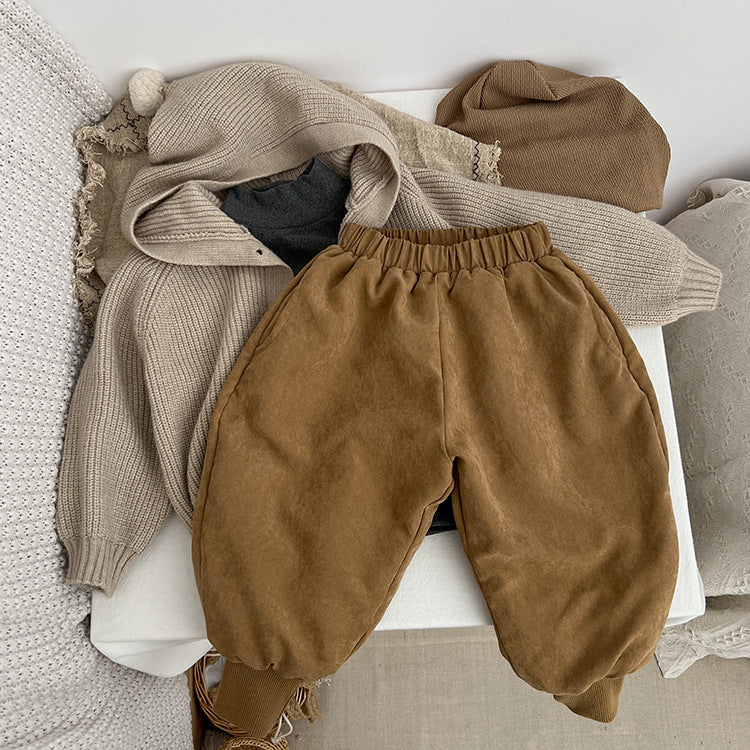 Baby Solid Color Thickened Lambswool Drawstring Casual Trousers