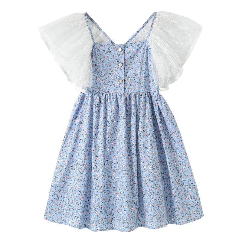 Ditsy Flower Pattern Mesh Flying Sleeves Dress