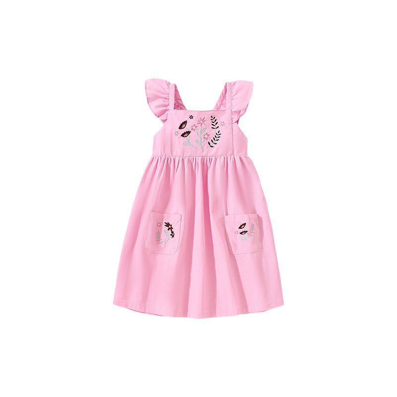 Baby Kids Girls Pink Square Neck Floral Embroidered Fly Sleeves Strap Dress