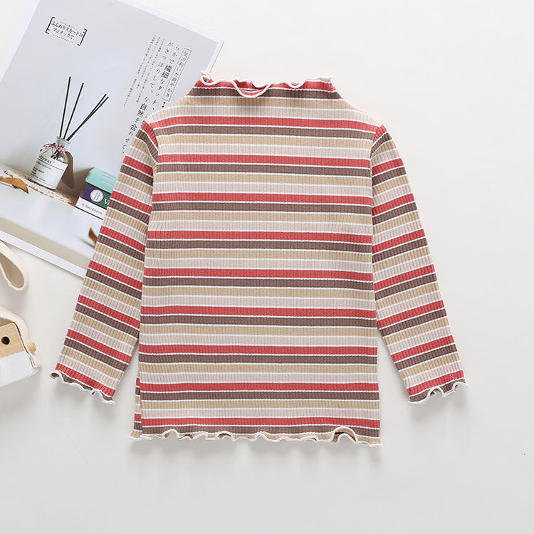 Striped Pattern Wooden Ear Edge Design Round Neck Long Sleeve Bottoming Spring Autumn Shirt