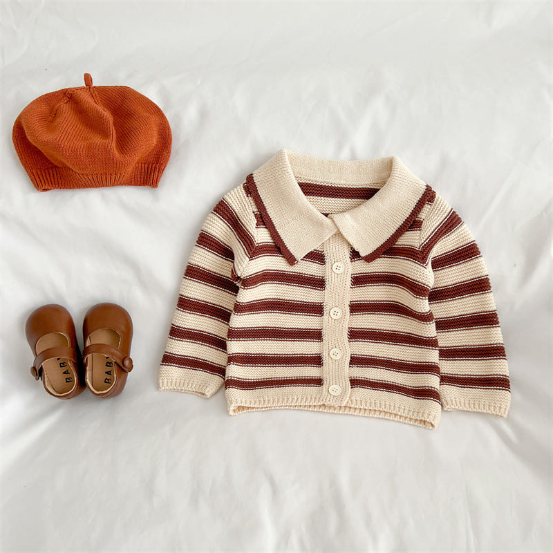 Baby Striped Pattern Lapel Knitted Cardigan With Pants Sets