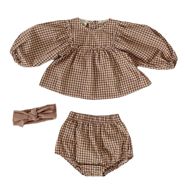 Baby Girl Plaid Pattern Loose Blouses WIth Shorts Headband 3 Pieces Sets