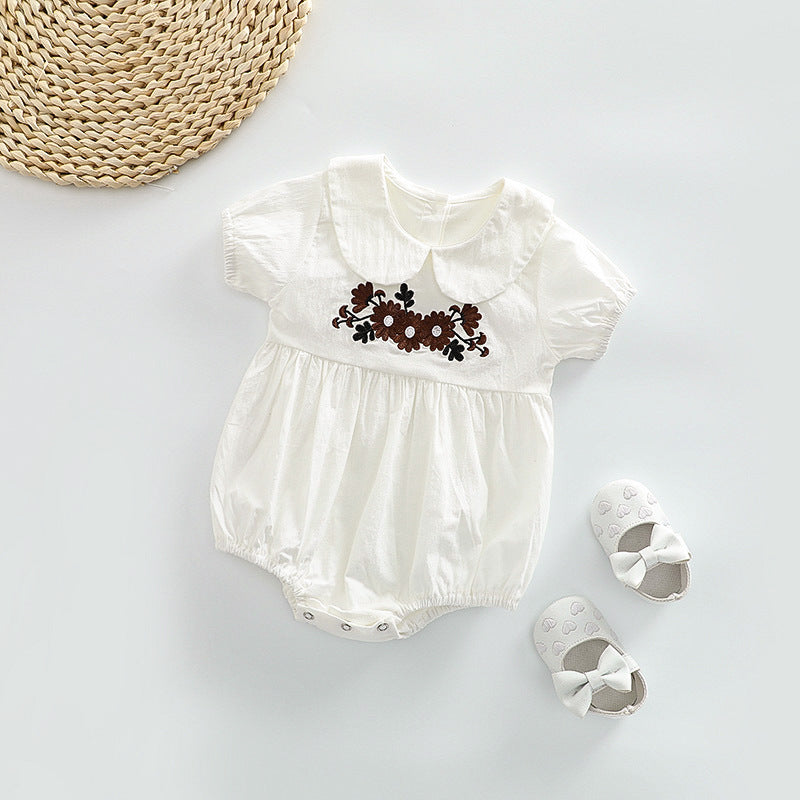 Baby Girl 1pcs Floral Embroidered Pattern Doll Neck Solid Color Onesies