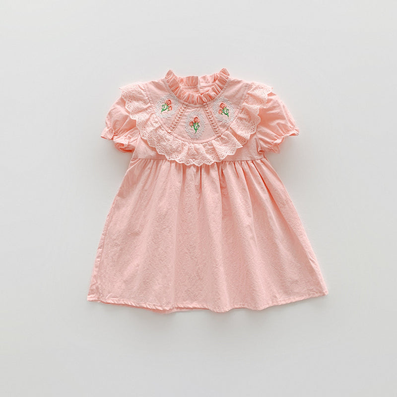 Baby Girl Solid Color Embroidered Pattern Loose Dress