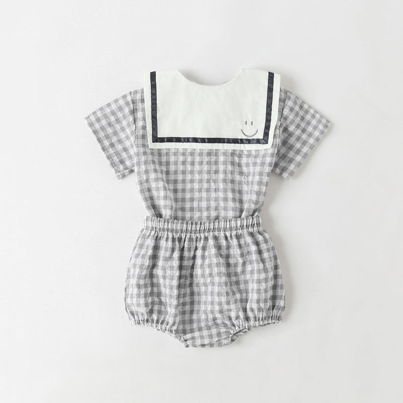 Baby Girl 1pcs Plaid Pattern Contrast Tape Lapel Design Combo Shorts Sets