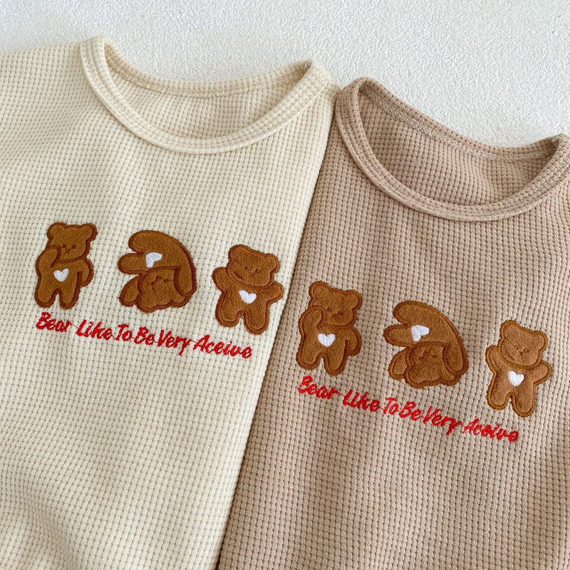 Baby Bear Embroidered Pattern Waffle Fabric T-Shirt Combo Shorts Sets