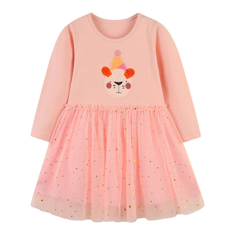 Baby Girl Cartoon Animal Patched Pattern Mesh Overlay Design Dress