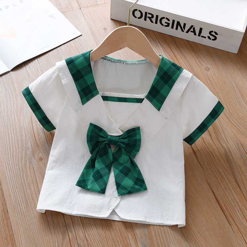 Summer New Design Baby Kids Girls Geometric Argyle Pattern Square Neck Short Sleeves Preppy Tops