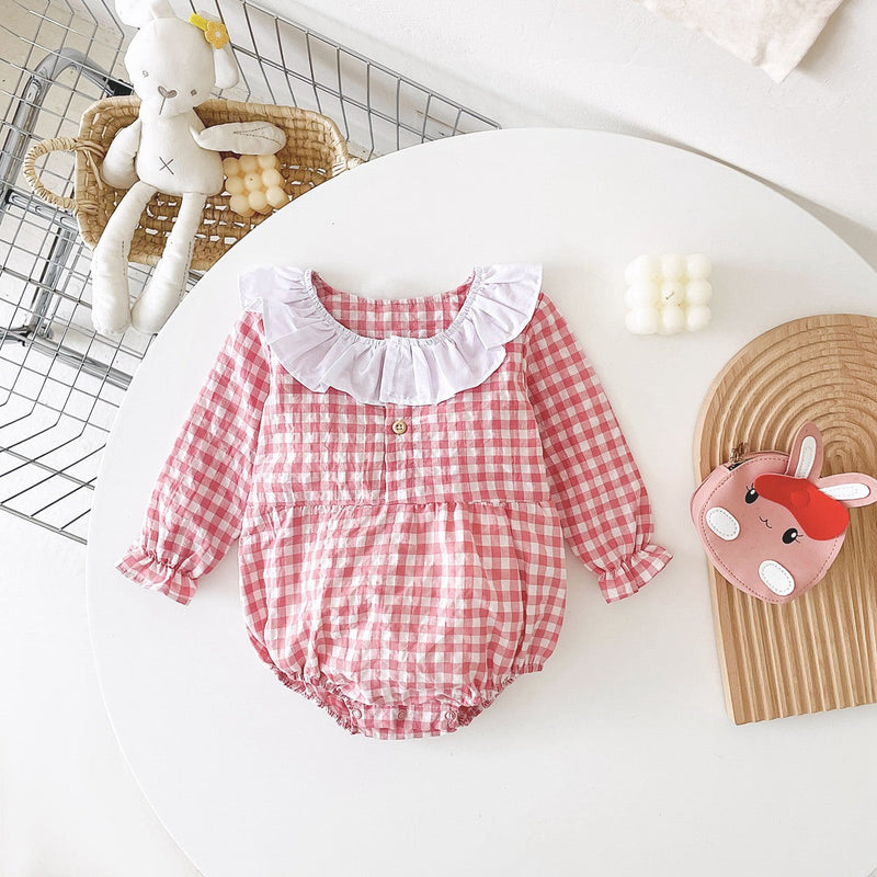 Baby Girl Plaid Pattern Ruffle Neck Design Triangle Sweet Onesies