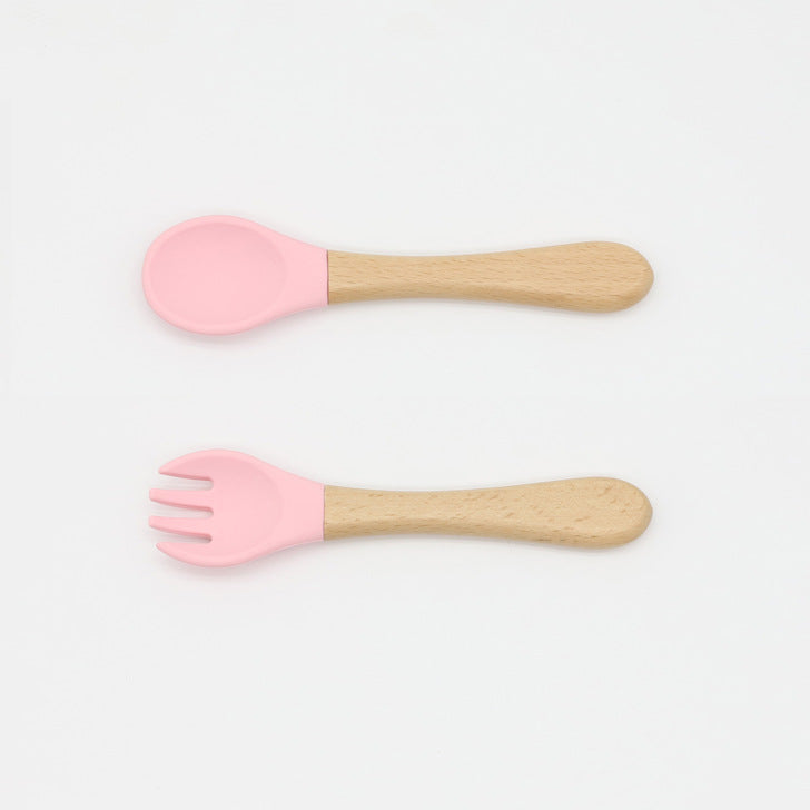 Baby Food Grade Wooden Handles Silicone Spoon Fork Cutlery