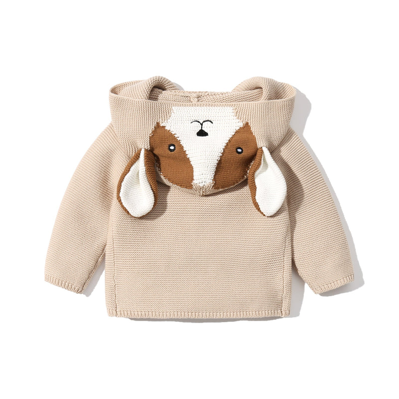 Baby Solid Color Cartoon Design Hooded Knitted Fashion Cardigan