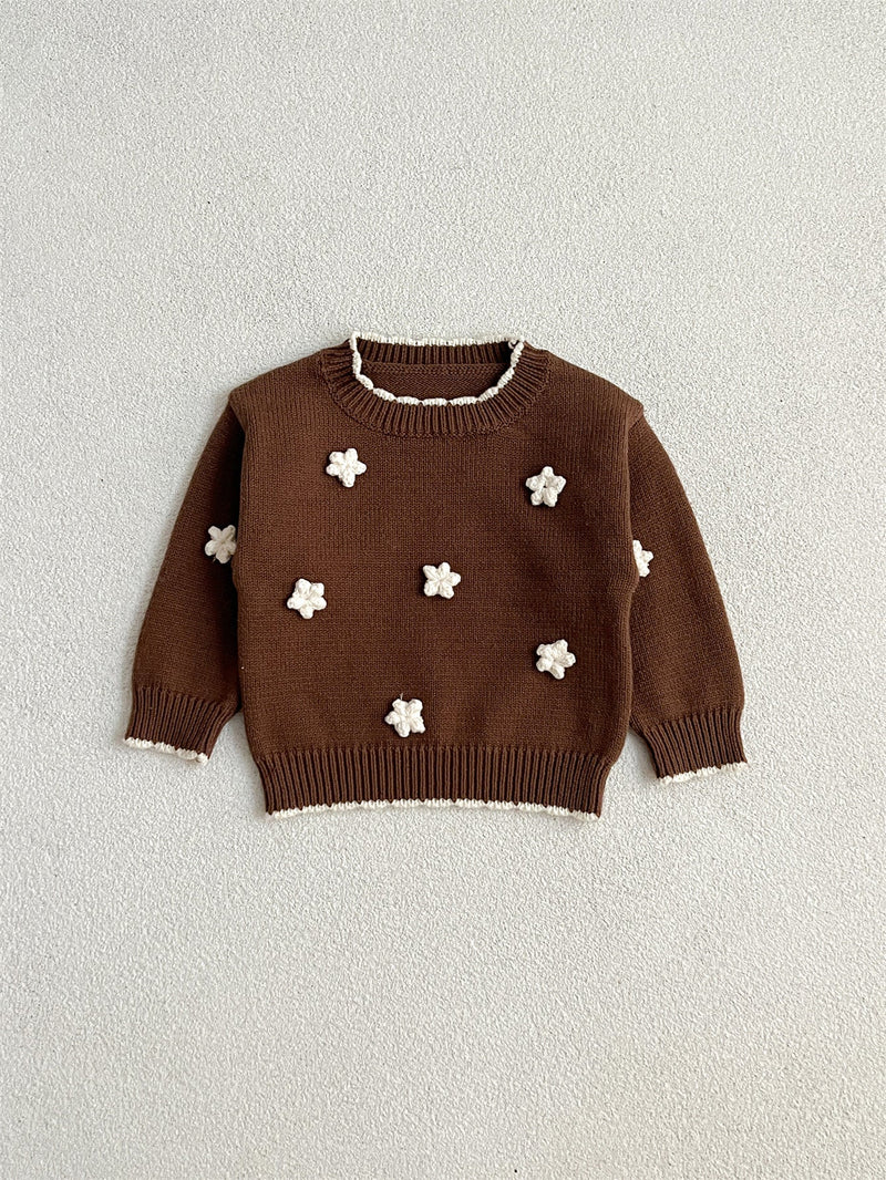 Autumn New Arrival Baby Kids Girls Comfortable Knitted Long Sleeves Pullover with 3D Flowers Embroidery Pattern